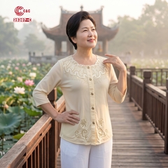 25207 - Áo Sơ Mi Tay Lỡ Cổ Phối Ren Sóng Hoa Đính Đá