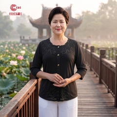 25207 - Áo Sơ Mi Tay Lỡ Cổ Phối Ren Sóng Hoa Đính Đá