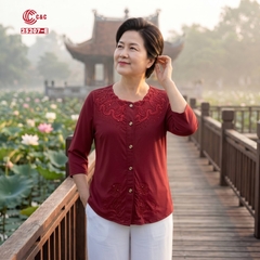 25207 - Áo Sơ Mi Tay Lỡ Cổ Phối Ren Sóng Hoa Đính Đá