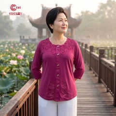 25207 - Áo Sơ Mi Tay Lỡ Cổ Phối Ren Sóng Hoa Đính Đá
