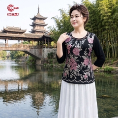 26017 - Áo Kiểu Tay Lỡ Thêu Hoa Kim Sa Đính Đá Pha Lê Sang Trọng