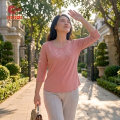 26020 - Áo Cổ Tròn Tay Lỡ Thêu Hoa Lá Đính Đá Thủy Tinh
