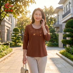 26020 - Áo Cổ Tròn Tay Lỡ Thêu Hoa Lá Đính Đá Thủy Tinh