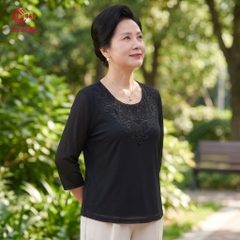 26064 - Áo Tay Lỡ Cổ Tròn Ren Lưới Thêu Hoa Ép Đá