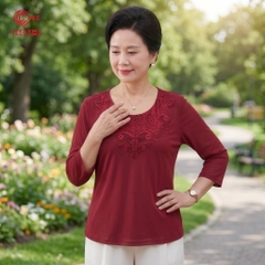 26064 - Áo Tay Lỡ Cổ Tròn Ren Lưới Thêu Hoa Ép Đá