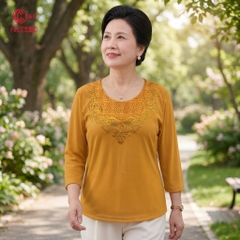 26064 - Áo Tay Lỡ Cổ Tròn Ren Lưới Thêu Hoa Ép Đá