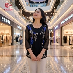 26066 - Áo Tay Lỡ Kim Sa Hoa Cúc Đính Đá Pha Lê Đen