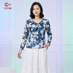 26068 - Áo Tay Dài Cổ V Cách Điệu Thắt Nơ Đính Khoen Cao Cấp