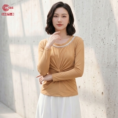 26071 - Áo Cổ Tròn Tay Dài Đính Cườm Xoắn Xếp Ly Tôn Dáng