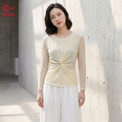 26071 - Áo Cổ Tròn Tay Dài Đính Cườm Xoắn Xếp Ly Tôn Dáng