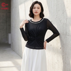 26071 - Áo Cổ Tròn Tay Dài Đính Cườm Xoắn Xếp Ly Tôn Dáng