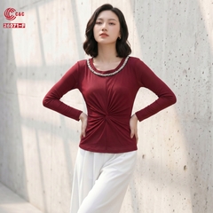26071 - Áo Cổ Tròn Tay Dài Đính Cườm Xoắn Xếp Ly Tôn Dáng