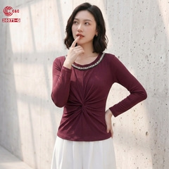 26071 - Áo Cổ Tròn Tay Dài Đính Cườm Xoắn Xếp Ly Tôn Dáng