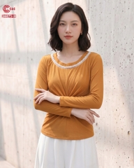 26071 - Áo Cổ Tròn Tay Dài Đính Cườm Xoắn Xếp Ly Tôn Dáng