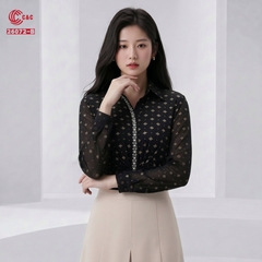 26072 - Áo Sơ Mi Draping Họa Tiết Kim Tuyến Cườm Ngọc Trai