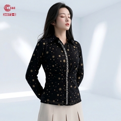 26072 - Áo Sơ Mi Draping Họa Tiết Kim Tuyến Cườm Ngọc Trai