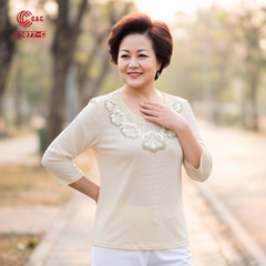 26077 - Cổ Tròn Phối Ren Thêu Hoa Đính Đá Viền Cổ