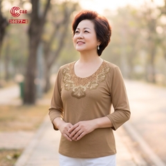 26077 - Cổ Tròn Phối Ren Thêu Hoa Đính Đá Viền Cổ