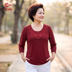 26077 - Cổ Tròn Phối Ren Thêu Hoa Đính Đá Viền Cổ