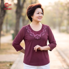 26077 - Cổ Tròn Phối Ren Thêu Hoa Đính Đá Viền Cổ