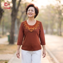 26077 - Cổ Tròn Phối Ren Thêu Hoa Đính Đá Viền Cổ