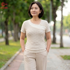 26103 - Áo Thun Vải Gân Sóng Phối Mặt Trái Vải 5 Nút Kiểu Hạt Trai