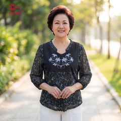26108 - Áo Tay Lỡ Cổ V Thêu Hoa Ép Đá Thanh Nhã Tôn Dáng