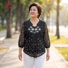 26108 - Áo Tay Lỡ Cổ V Thêu Hoa Ép Đá Thanh Nhã Tôn Dáng
