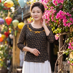 26110 - Áo Kiểu Tay Lỡ Thêu Hoa Sen Đính Đá Pha Lê Đen