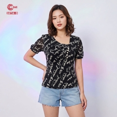 26114 - Áo Kiểu Tay Ngắn In Họa Tiết Cổ Lệch Nhún Phối Nút Kim Sang Trọng