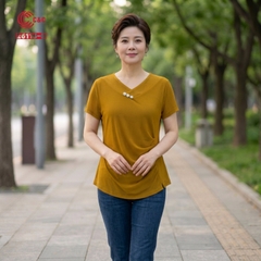 26116 - Áo Thun Cổ Tim Tay Ngắn Thân Xếp Ly Một Bên