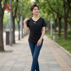26116 - Áo Thun Cổ Tim Tay Ngắn Thân Xếp Ly Một Bên