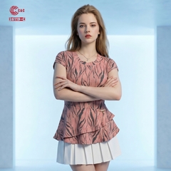 26119 - Áo Tay Ngắn Kiểu Peplum Thun Gân Họa Tiết Cài Ghim Ngọc Trai