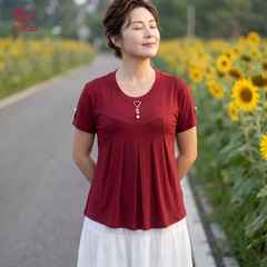 26130 - Áo Thun Cotton Xếp Ly Tùng Xòe Phối Khoen Vàng Hạt Trai
