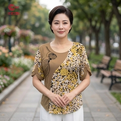 26140 - Áo Tay Ngắn Cách Điệu Vạt Chéo Thêu Hoa Sen Đính Đá