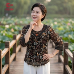 26141 - Áo Tay Lỡ In Hoa Xếp Ly Thêu Phối Đính Đá Pha Lê