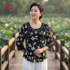 26141 - Áo Tay Lỡ In Hoa Xếp Ly Thêu Phối Đính Đá Pha Lê