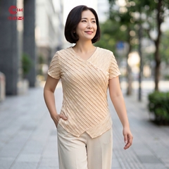 26147 - Vải Thun Gân Sóng Cổ V Phối Nút Kiểu Hạt Trai