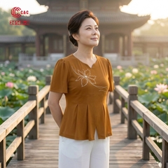26149 - Áo Thun Tay Ngắn Kiểu Peplum Thêu Hoa Đính Đá Phối Nút Ngọc Trai