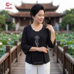 26172 - Áo Tay Lỡ Xòe Cổ Tròn Thêu Hoa Ép Đá Phối Hạt