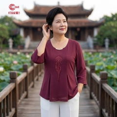 26172 - Áo Tay Lỡ Xòe Cổ Tròn Thêu Hoa Ép Đá Phối Hạt