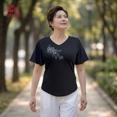 26222 - Áo Len Mịn Cổ Tim Tay Xòe Rũ Thêu Hoa Ép Đá