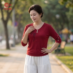26246 - Áo Len Mịn Cổ U Thêu Hoa Dây Phối 5 Khuy Vàng