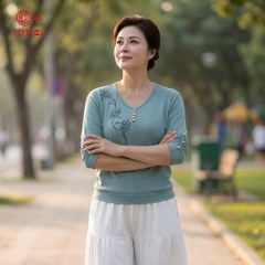 26246 - Áo Len Mịn Cổ U Thêu Hoa Dây Phối 5 Khuy Vàng