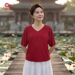 26247 - Áo Tay Ngắn Kiểu Cánh Dơi Thêu Phối Đá Chữ V