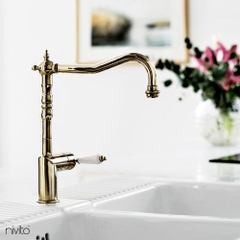 Nivito CL-160 BRASS/GOLD KITCHEN FAUCET WHITE PORCELAIN HANDLE