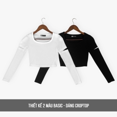 Áo croptop cổ vuông nữ dài tay chất liệu tăm hàn Mofar AT026