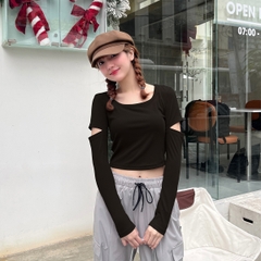 Áo croptop cổ vuông nữ dài tay chất liệu tăm hàn Mofar AT026