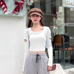 Áo croptop cổ vuông nữ dài tay chất liệu tăm hàn Mofar AT026