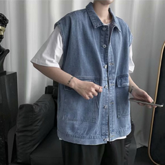 Áo khoác jean sát nách form rộng, Áo Jeans Gile Denim Unisex Form rộng màu xanh